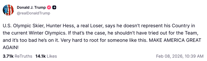 President Donald Trump goes after Team USA freestyle skier Hunter Hess in a Truth Social post on Sunday.