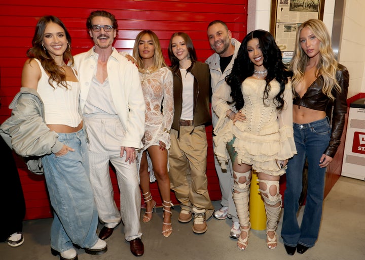 Jessica Alba, Pedro Pascal, Karol G, Young Miko, David Grutman, Cardi B and Alix Earle attend the Super Bowl LX Pregame at Levi's Stadium on Feb. 8, 2026. 