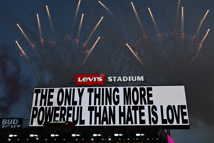 This message was displayed while Puerto Rican singer Bad Bunny performed during the Super Bowl LX.