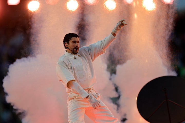 Bad Bunny performs the halftime show during Super Bowl LX on February 8, 2026 at Levi's Stadium in Santa Clara, Calif.