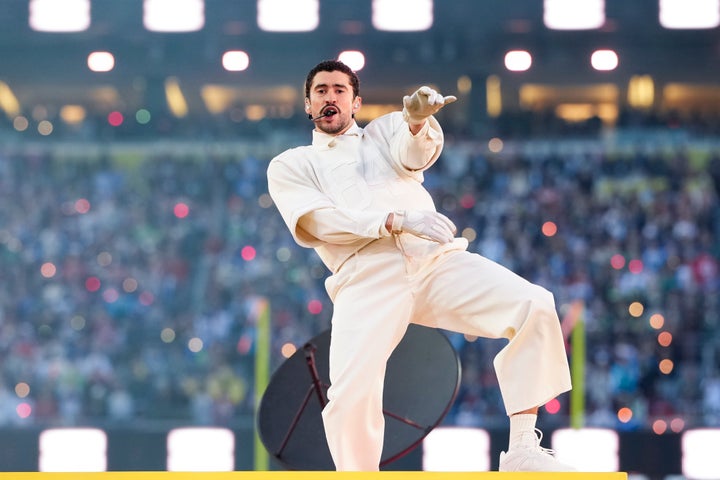 Bad Bunny lets himself go during his Super Bowl halftime show.