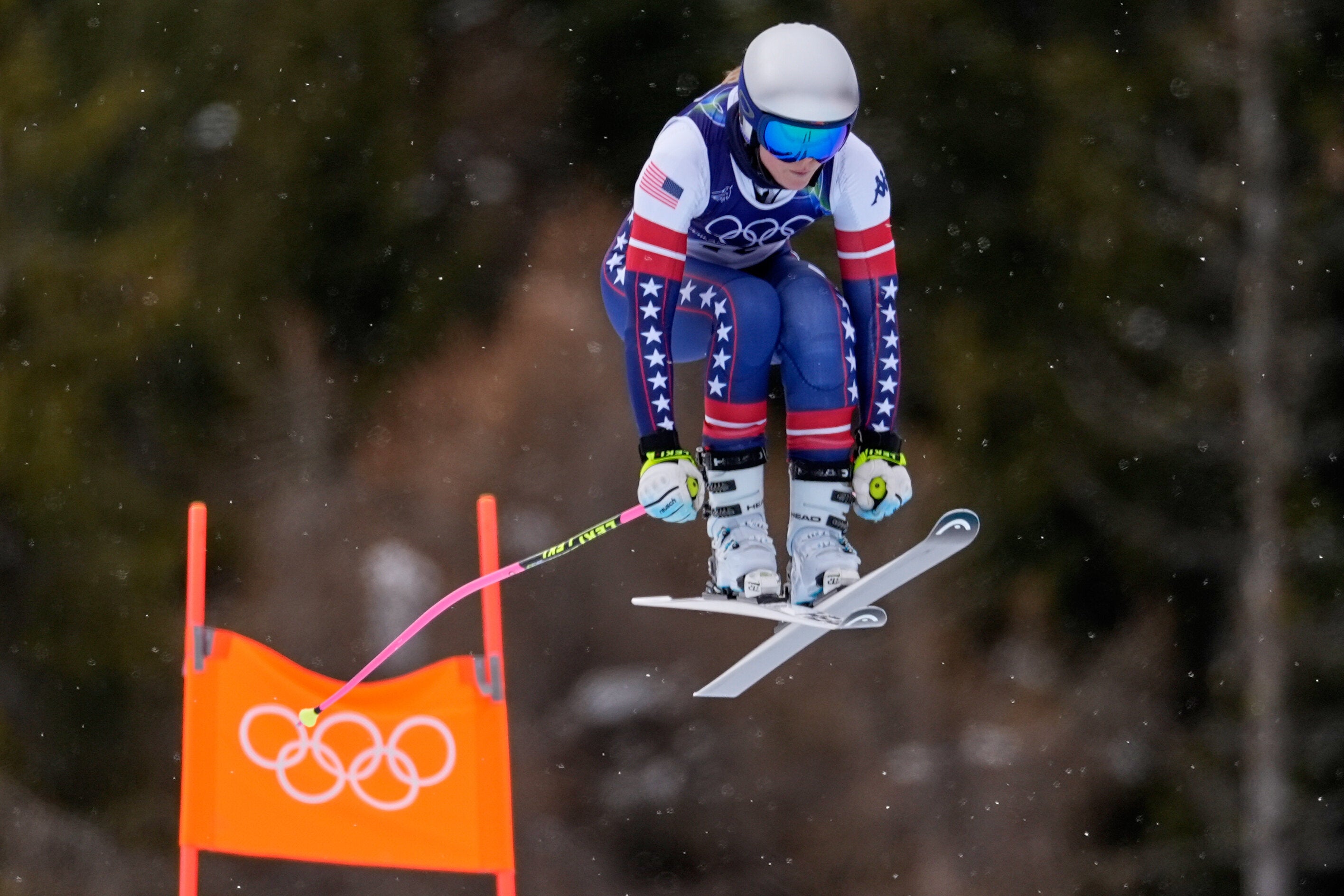 Team USA's Lindsey Vonn in action during alpine ski women's downhill training, at the 2026 Winter Olympics, in Cortina d'Ampezzo, Italy on Saturday. (AP Photo/Robert F. Bukaty)