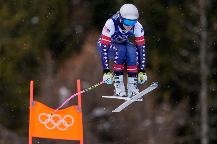 Team USA's Lindsey Vonn in action during alpine ski women's downhill training, at the 2026 Winter Olympics, in Cortina d'Ampezzo, Italy on Saturday. (AP Photo/Robert F. Bukaty)
