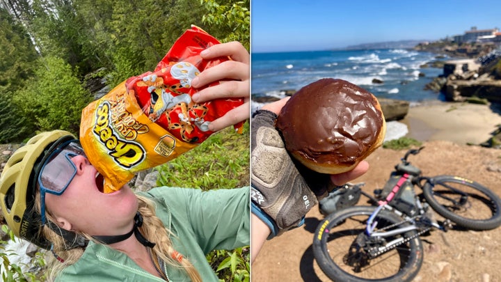 Meaghan Hackinen shows off a couple of her favorite race foods: Cheetos and a Boston cream doughnut.