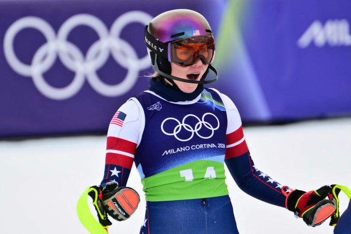 American Mikaela Shiffrin reacts in the finish area after her slalom run.