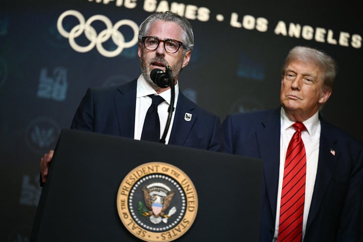 In addition to overseeing his talent agency, Casey Wasserman serves as the chairman of the Los Angeles Organizing Committee for the 2028 Olympic Games. He's seen here with President Donald Trump last August.