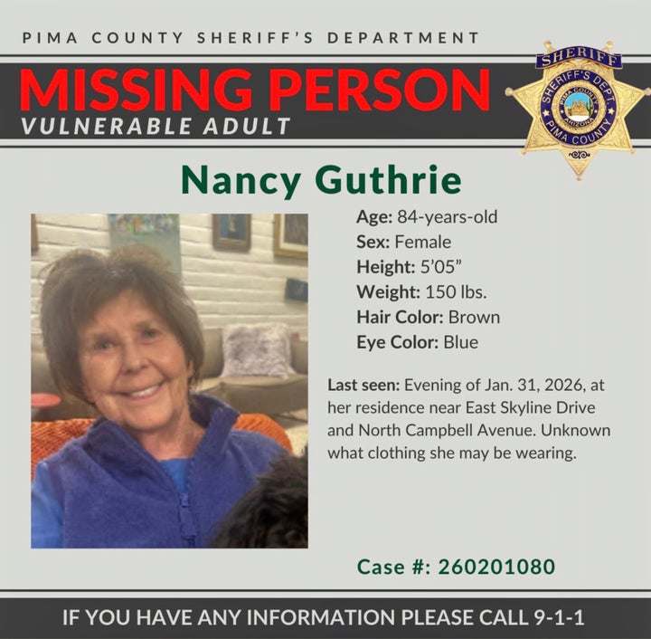 This image provided by the Pima County Sheriff's Department shows a missing person alert for Nancy Guthrie.