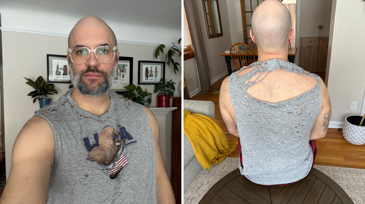 Stevie DiMatteo is defying the odds by continuing to wear this thread-bare tank top.