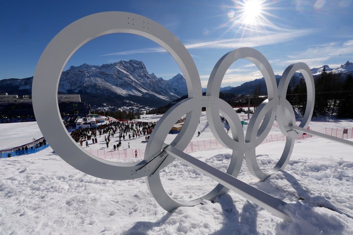 Olympic rings are seen ahead of an alpine ski women's downhill race, at the 2026 Winter Olympics, in Cortina d'Ampezzo, Italy, Sunday, Feb. 8, 2026. (AP Photo/Robert F. Bukaty)