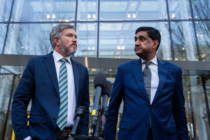 Reps. Thomas Massie (R-Ky.) and Ro Khanna (D-Calif.) conduct a news conference after reviewing unredacted portions of the Jeffrey Epstein files outside a Department of Justice office in NoMa on Feb. 9.