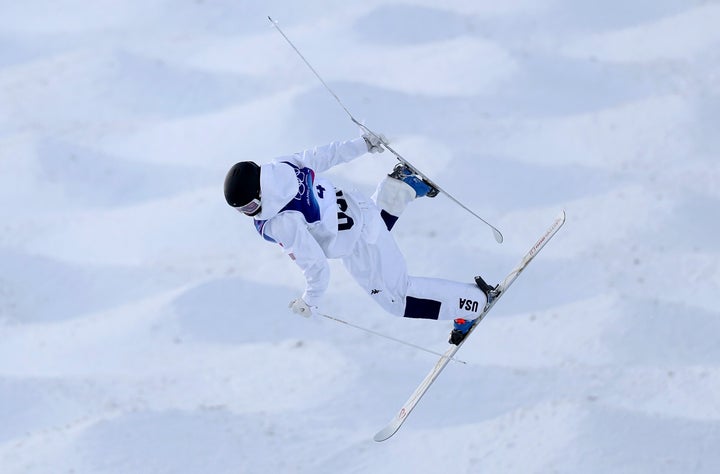 America's Elizabeth Lemley competes in the women's moguls superfinal at Livigno Air Park on Wednesday.