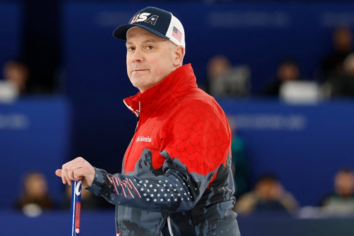 Team USA curler Rich Ruohonen looks on as the American men's team faces Switzerland at the Cortina Curling Olympic Stadium in Italy on Thursday.