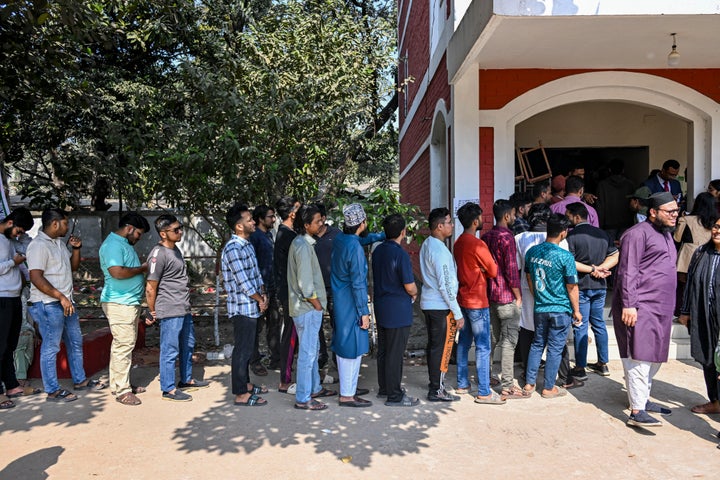 Men queue to cast their ballots at a polling station during Bangladesh's general election in Dhaka, Bangladesh, on February 12, 2026. (Photo by Zabed Hasnain Chowdhury/NurPhoto via Getty Images)