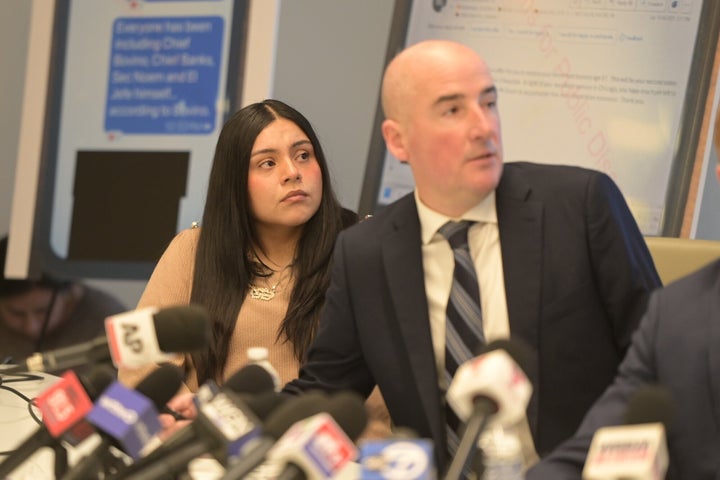 Teaching assistant Marimar Martinez attends a press conference with her lawyers in Chicago over the court case regarding Border Patrol agents shooting her five times in October, on Feb. 11, 2026.