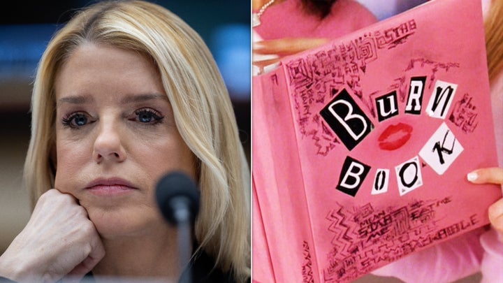 Attorney General Pam Bondi, left, and the burn book from “Mean Girls,” right.