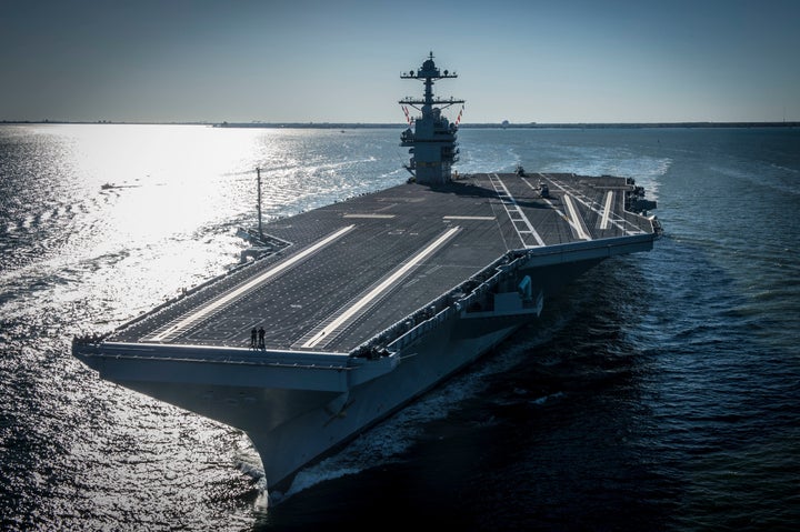 In this photo provided by the U.S. Navy, the USS Gerald R. Ford embarked on the first of its sea trials to test various state-of-the-art systems on its own power for the first time, April 8, 2017, from Newport News, Va. (Mass Communication Specialist 2nd Class Ridge Leoni/U.S. Navy via AP, File)