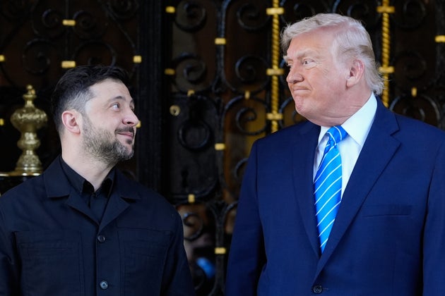 US President Donald Trump greets Ukraine's President Volodymyr Zelenskyy at his Mar-a-Lago club, Dec. 28, 2025, in Palm Beach, Florida. 
