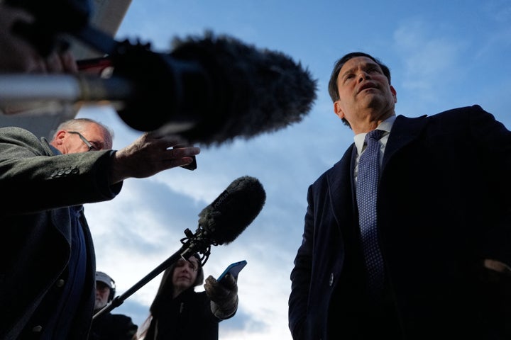 U.S. Secretary of State Marco Rubio speaks to reporters before boarding his plane, on Feb. 12, 2026, at Joint Base Andrews, Md., en route to the Munich Security Conference.