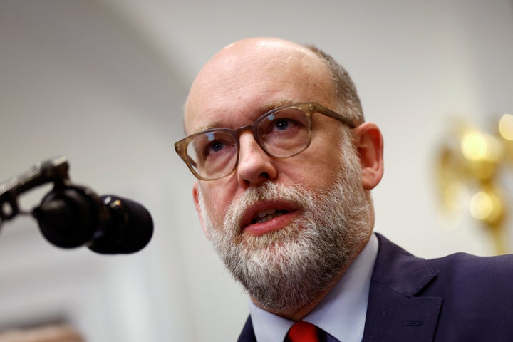 Russell Vought, director of the Office of Management and Budget, during an announcement in the Roosevelt Room of the White House in Washington, D.C., on Feb. 12, 2026.