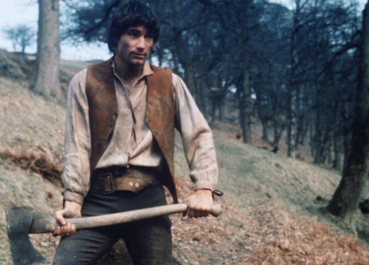 Timothy Dalton ding some wood-cutting in character as Heathcliff in 1970's Wuthering Heights