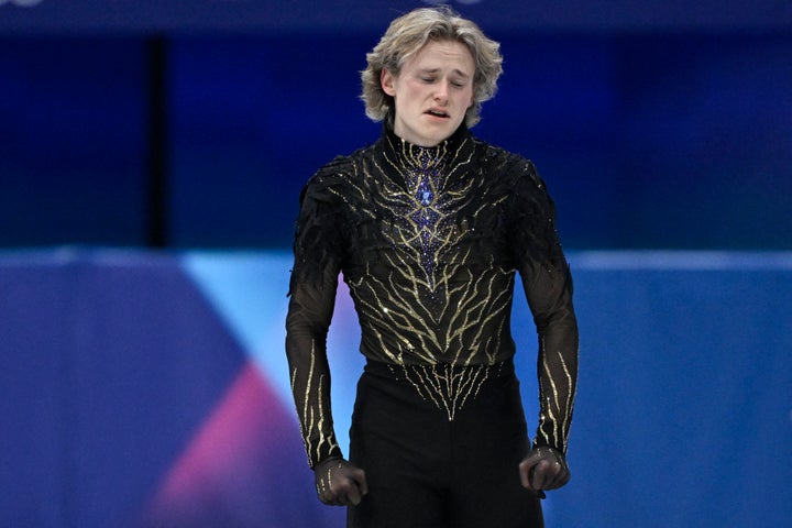 Ilia Malinin of the USA reacts after competing in the men's singles free skating figure skating final during the Milano Cortina 2026 Winter Olympics at the Milano Ice Skating Arena in Milan on February 13, 2026. (Photo by WANG Zhao / AFP via Getty Images)