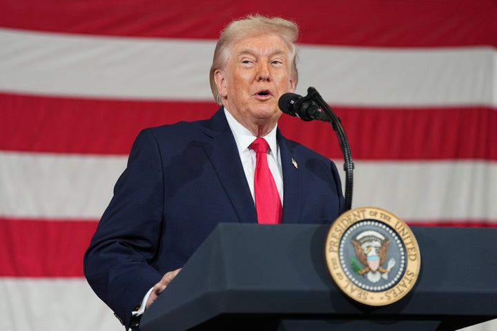 President Donald Trump speaks to soldiers and their families at Fort Bragg, N.C., Friday, Feb. 13, 2026. (AP Photo/Matt Rourke)