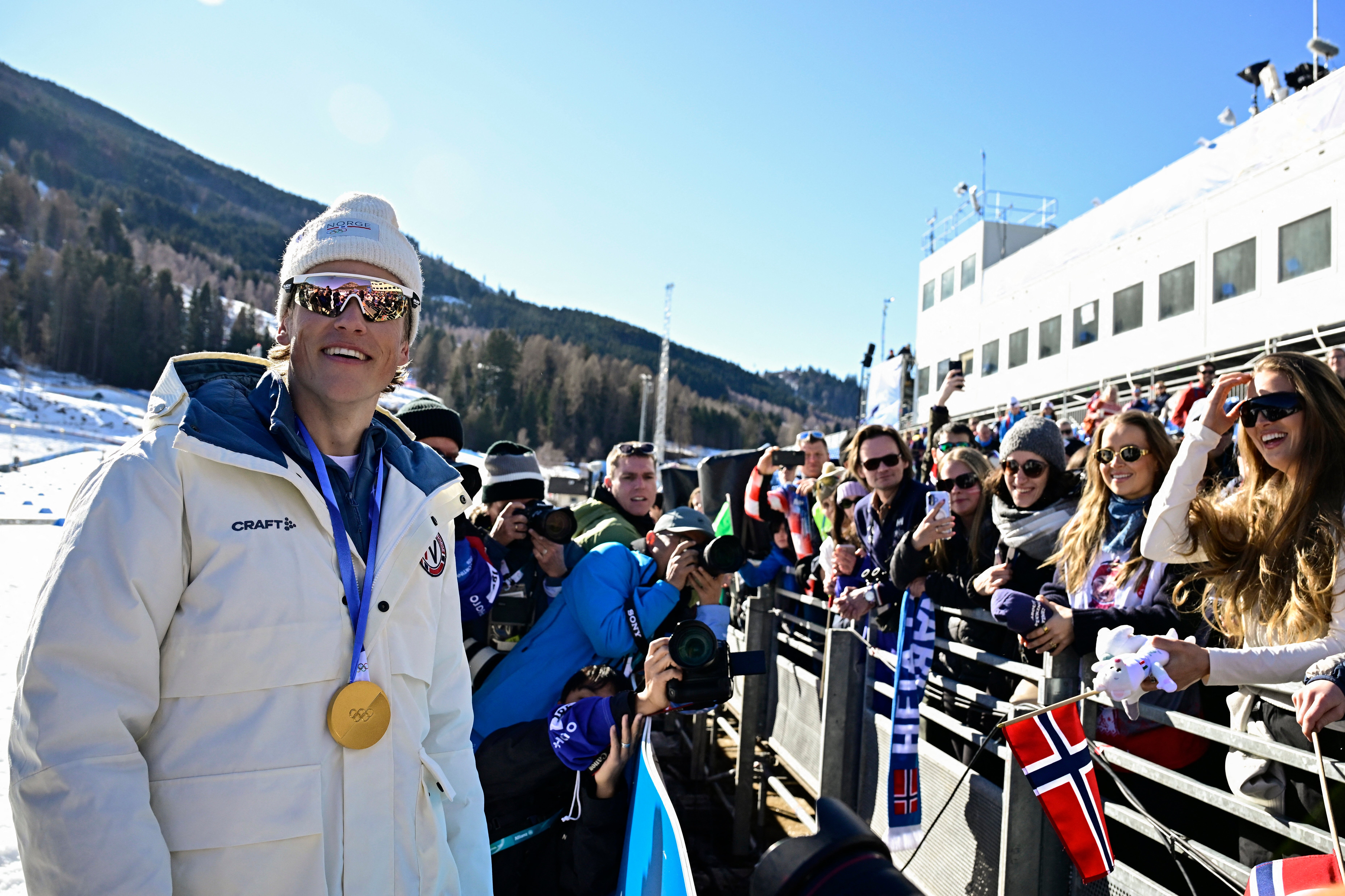 Norway's Johannes Hoesflot Klaebo celebrates with his gold medal after the men's cross-country skiing 4 x 7.5km relay on Sunday.