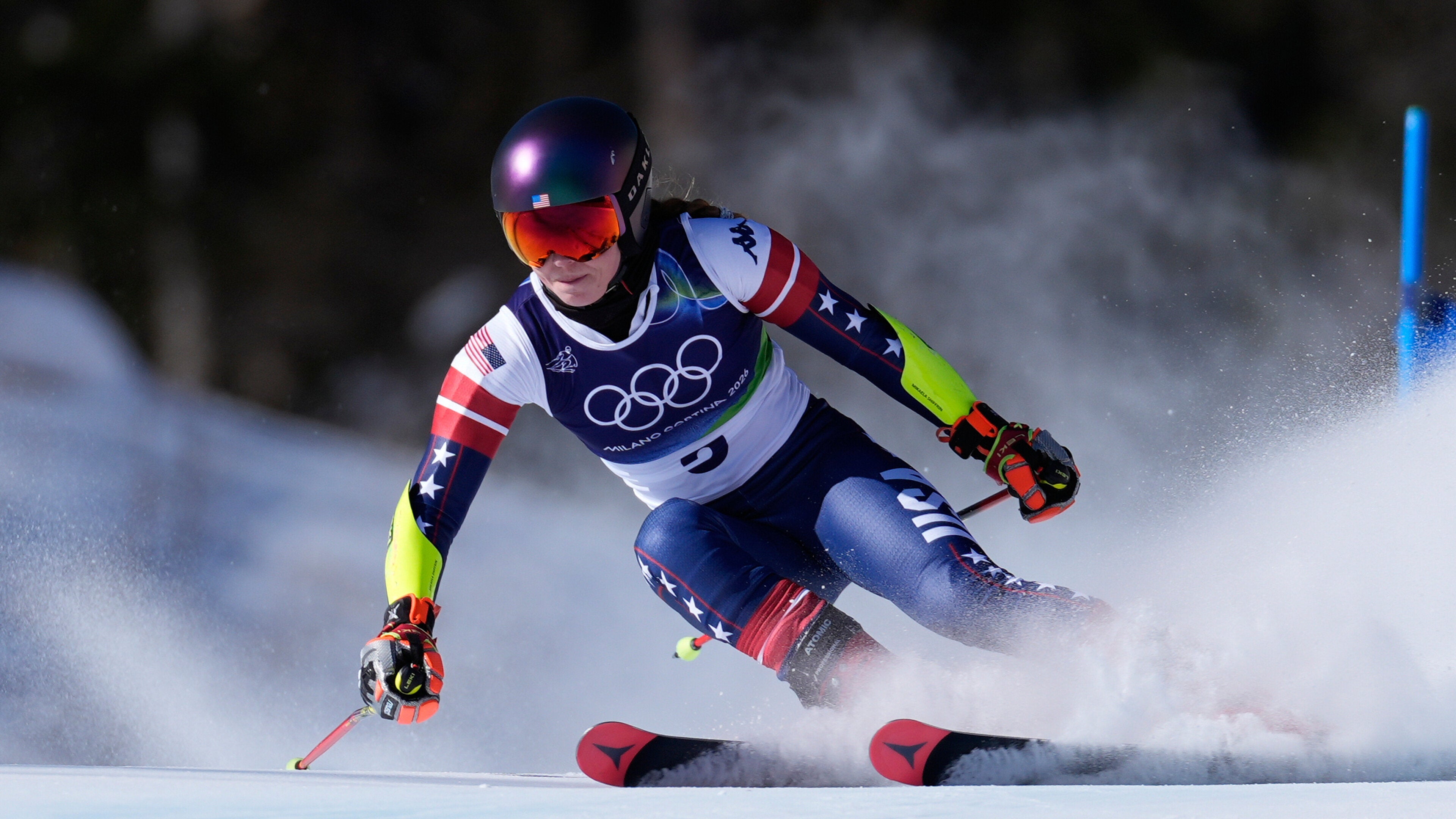 Team USA's Mikaela Shiffrin speeds down the course during the women's giant slalom final on Sunday.