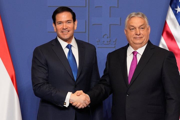 U.S. Secretary of State Marco Rubio, left, and Hungary's Prime Minister Viktor Orban shake hands after a news conference in Budapest, Hungary, Monday, Feb. 16, 2026. (AP Photo/Alex Brandon, Pool)