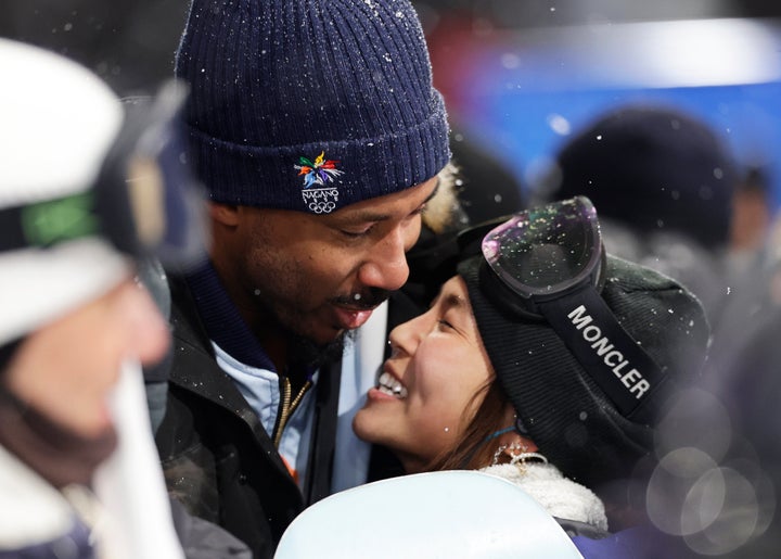 Miles Garrett and Chloe Kim share a moment after the latter won a silver medal in the halfpipe.