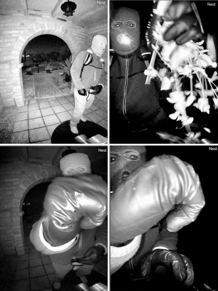 This combo from images provided by the FBI shows surveillance footage at the home of Nancy Guthrie the night she went missing in Tucson, Ariz. (FBI via AP)