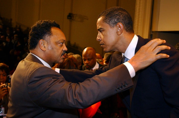 Jackson is seen speaking with then-Sen. Barrack Obama after a Congressional Black Caucus ceremony in 2005.