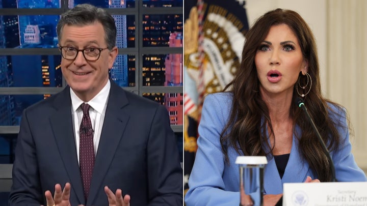 Stephen Colbert and Homeland Security Secretary Kristi Noem.