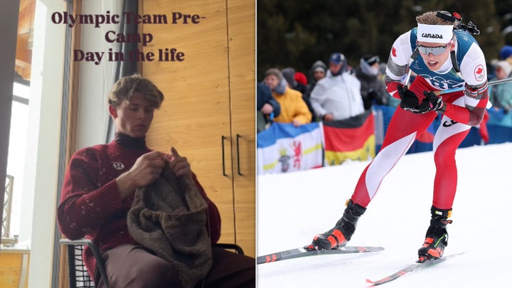 Jasper Fleming of Canada shared progress on his sweater vest with Instagram followers before competing in biathlon at the Milan Cortina Games.