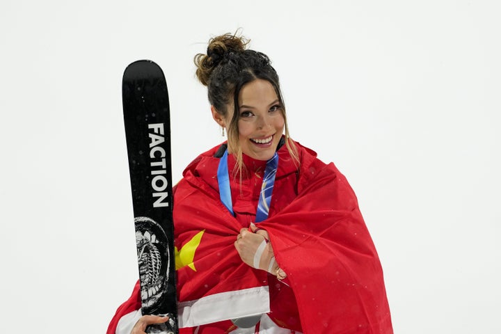 Gu celebrated winning silver in the big air final on Monday.