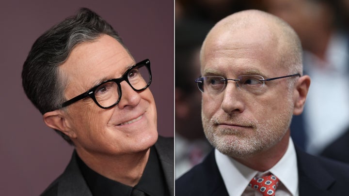 A split image shows Stephen Colbert, left, and FCC Chair Brendan Carr, right.