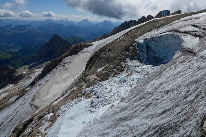 FILE - This snap from a rescue helicopter shows the Punta Rocca glacier near Canazei in the Italian Alps in July 2022.