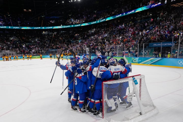 Slovakia's players celebrate their victory over Germany in Milan on Wednesday.