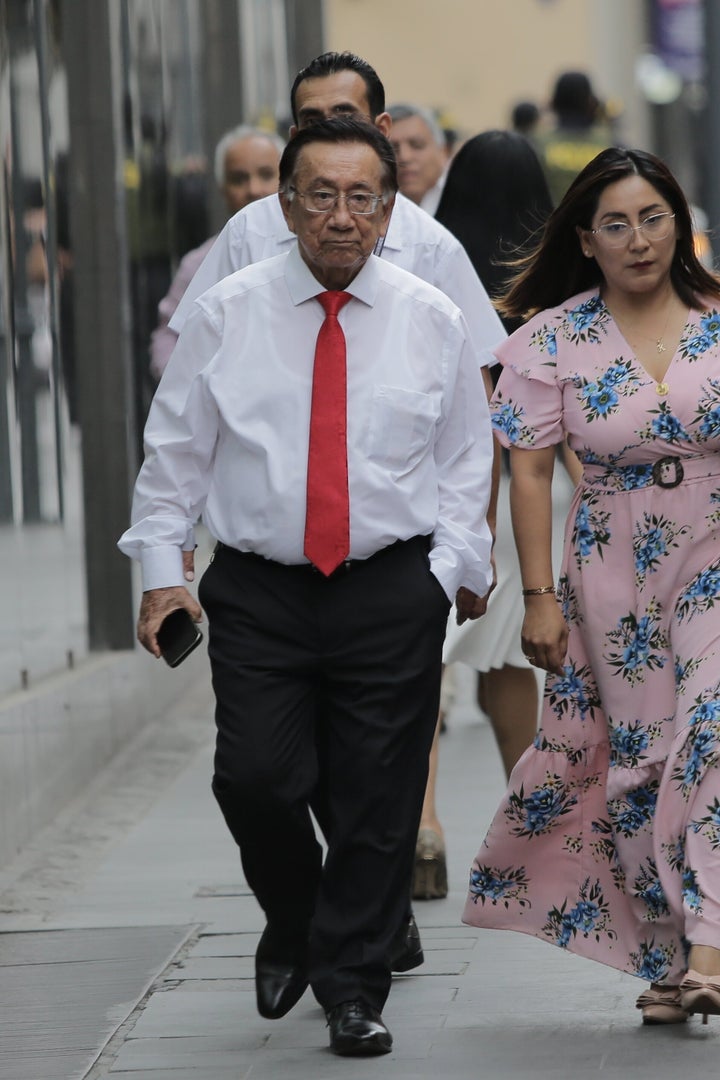 Congressman Jose Maria Balcazar, selected to become Peru's interim president, arrives at Congress in Lima, Peru, Wednesday, Feb. 18, 2026. (AP Photo/Gerardo Marin)