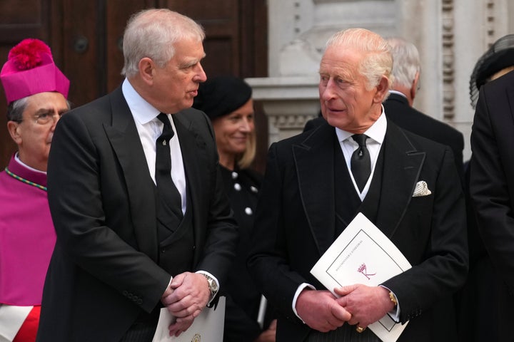 Britain's then-Prince Andrew (left) and King Charles III leave after the Requiem Mass service for the Duchess of Kent at Westminster Cathedral in London on Sept. 16, 2025.