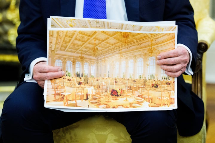 Trump Appointees Panel Rubber Stamps White House Ballroom Proposal 2 Donald Trump holds a rendering of the planned expansion of the White House Ballroom in the Oval Office of the White House in Washington, DC, U.S., on Wednesday, October 22, 2025. Aaron Schwartz/CNP/Bloomberg via Getty Images