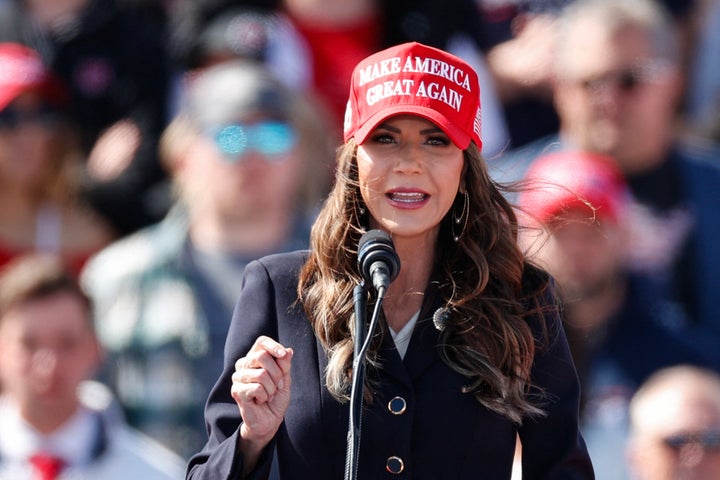 Noem, then the governor of South Dakota, campaigns at a Trump rally in March 2024.