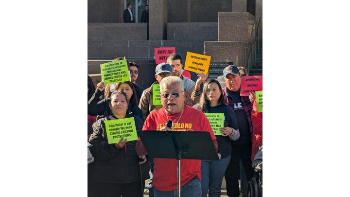 Antonio, a member of the grassroots group Community Power Collective, was one of many Angelenos who spoke in support of eviction protections to protect immigrant renters during ICE raids.