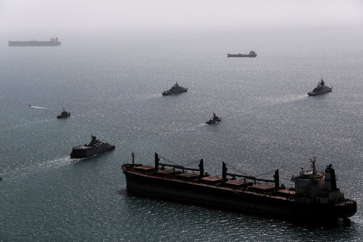 This image provided Thursday Feb. 19, 2026 by the Iranian military and dated Tuesday, Feb. 17, 2025, shows navy ships conducting operations during a join drill by Iranian and Russian forces in the Indian Ocean.(Masoud Nazari Mehrabi/Iranian Army via AP)