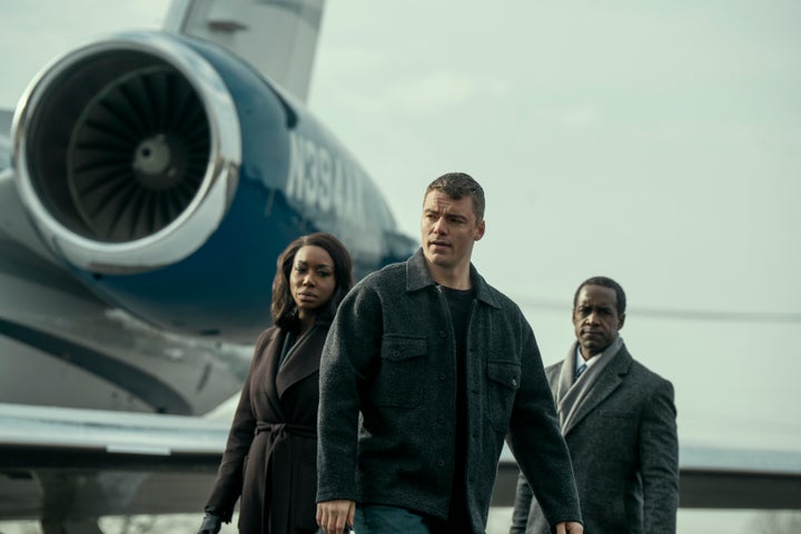Amanda Warren, Gabriel Basso and Albert Jones on the set of The Night Agent season three