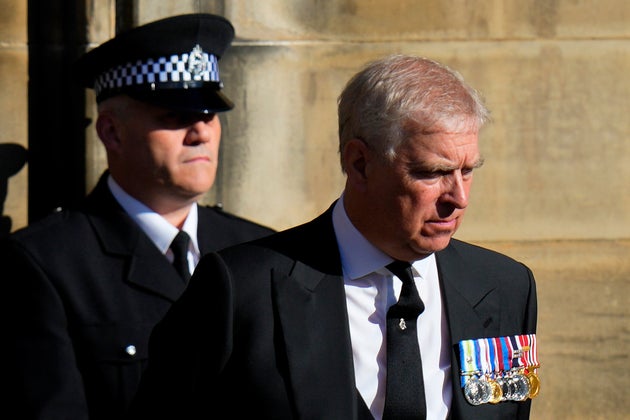 Former prince Andrew leaving St. Giles Cathedral after the arrival of the coffin containing the remains of his mother Queen Elizabeth, in Edinburgh, Scotland, Sept. 12, 2022.
