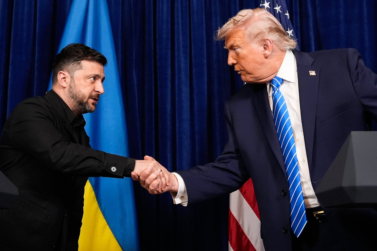 President Donald Trump, right, and Ukraine's President Volodymyr Zelenskyy shake hands at the start of a joint news conference following a meeting at Trump's Mar-a-Lago club, Dec. 28, 2025, in Palm Beach, Fla.