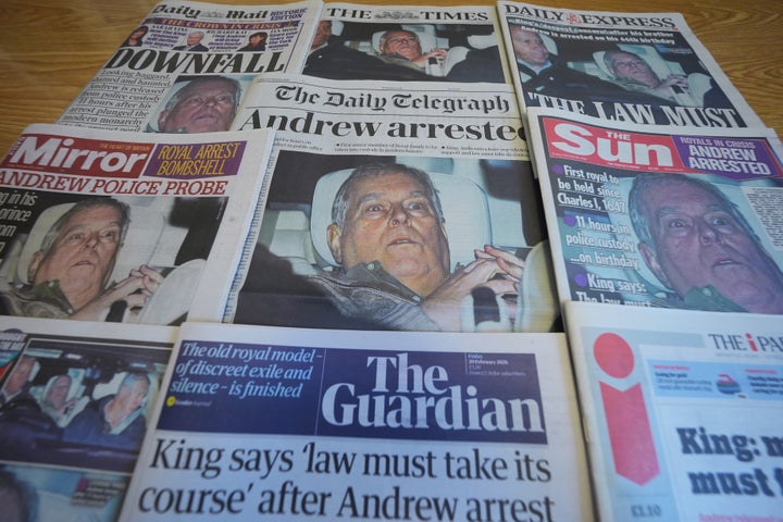 The front pages of national newspapers in London show Andrew Mountbatten-Windsor leaving Aylsham Police Station after he was released from custody on Thursday.