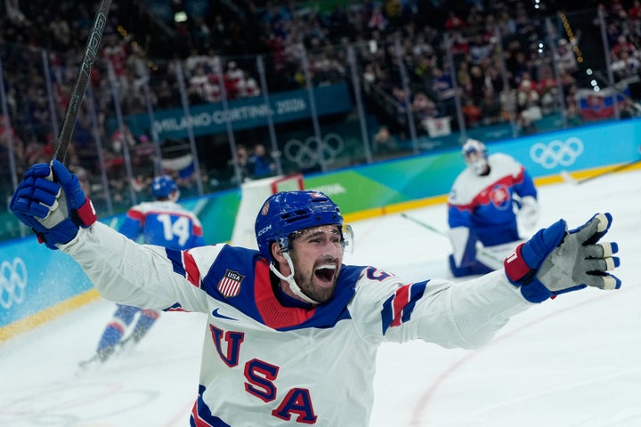 U.S. player Dylan Larkin celebrates after scoring the opening goal during Friday's game.