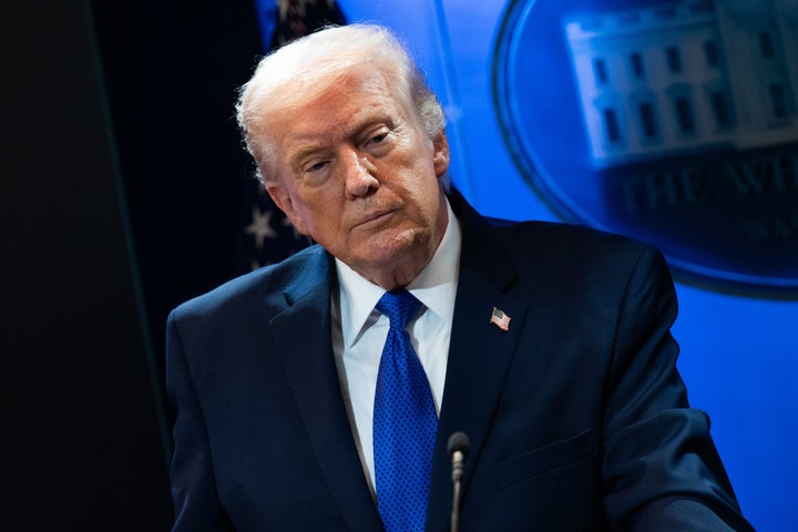 US President Donald Trump during a news conference in the James S. Brady Press Briefing Room of the White House in Washington, DC, US, on Friday, Feb. 20, 2026. Photographer: Annabelle Gordon/Bloomberg via Getty Images